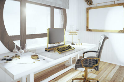 Raum nach Steampunk Einrichtung mit Schreibtisch, Stuhl und Spiegel